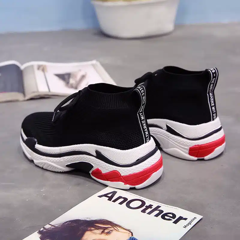 ADBOOV 2018 High Top Fashion Sneakers Women Breathable Knit Upper Platform Shoes Tenis Feminino Casual Shoes Women Black/Red 5