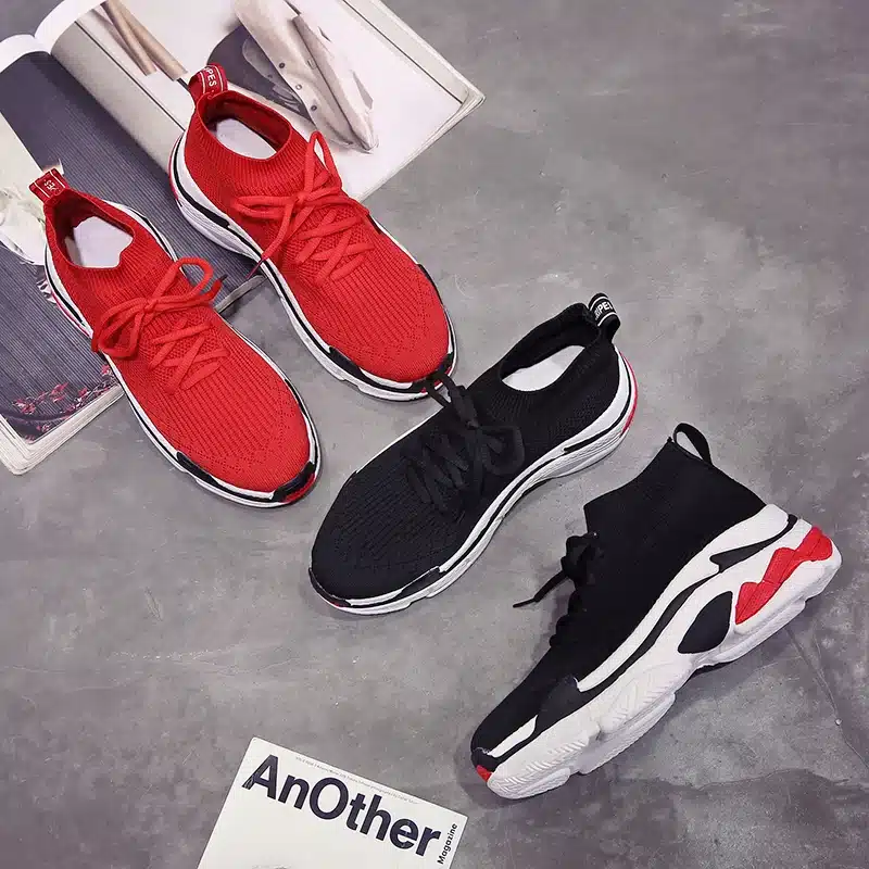ADBOOV 2018 High Top Fashion Sneakers Women Breathable Knit Upper Platform Shoes Tenis Feminino Casual Shoes Women Black/Red 6