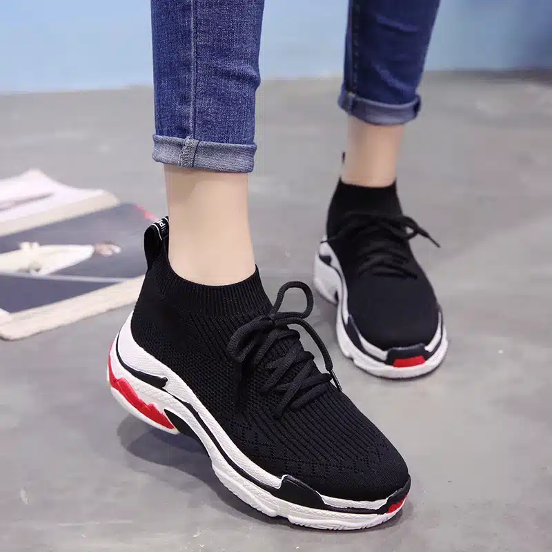 ADBOOV 2018 High Top Fashion Sneakers Women Breathable Knit Upper Platform Shoes Tenis Feminino Casual Shoes Women Black/Red 8