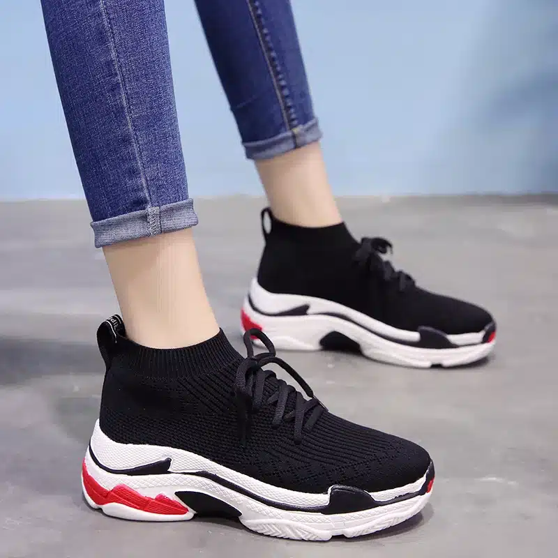 ADBOOV 2018 High Top Fashion Sneakers Women Breathable Knit Upper Platform Shoes Tenis Feminino Casual Shoes Women Black/Red 9