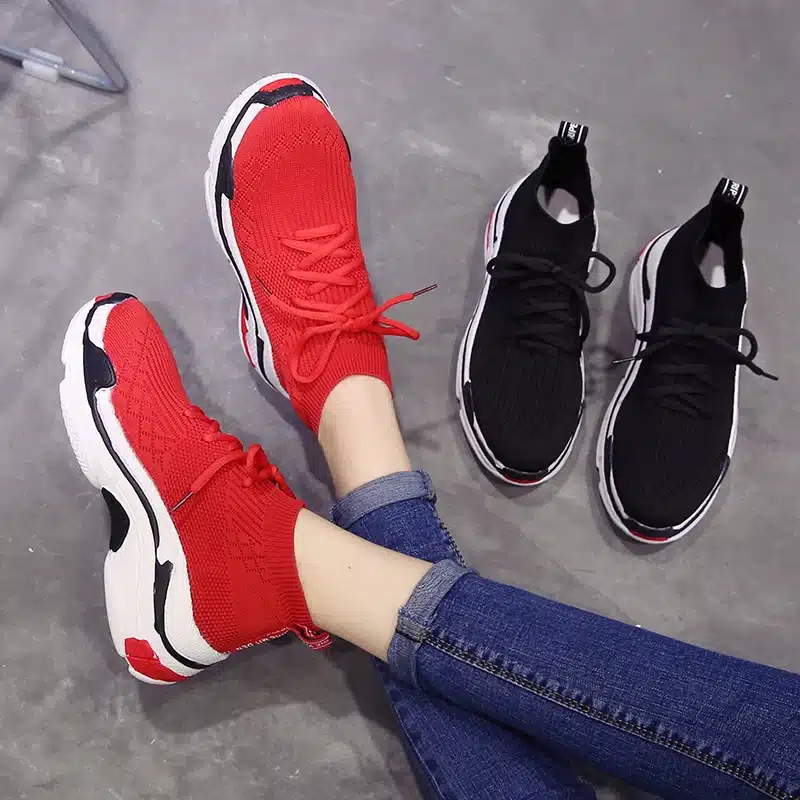 ADBOOV 2018 High Top Fashion Sneakers Women Breathable Knit Upper Platform Shoes Tenis Feminino Casual Shoes Women Black/Red 14
