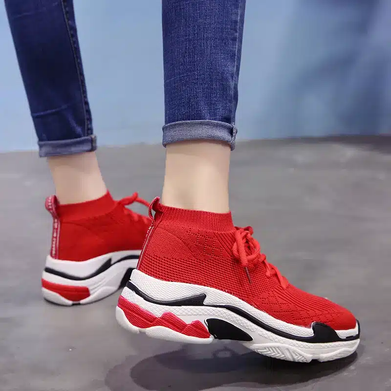 ADBOOV 2018 High Top Fashion Sneakers Women Breathable Knit Upper Platform Shoes Tenis Feminino Casual Shoes Women Black/Red 17