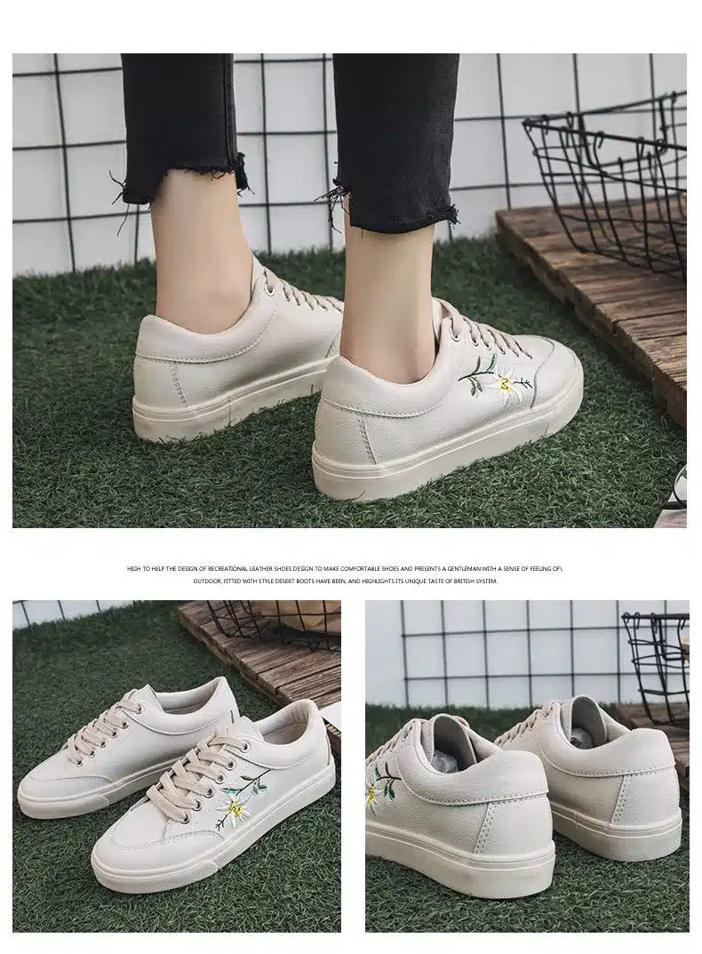 Women Shoes 2018 Spring Embroidery Flower Female Chic Casual Shoes Sneakers Leather Shoes White Beige Floral Vintage Style 35-40 22