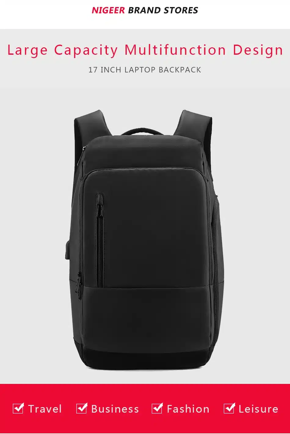 NIGEER 17 inch Laptop Backpack For Men Water Repellent Functional Rucksack with USB Charging Port Travel Backpacks Male n1755 12