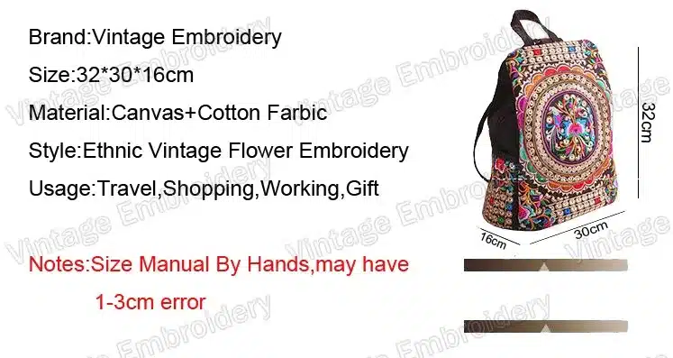 Vintage Embroidery Ethnic Canvas Backpack Women Handmade Flower Embroidered Travel Bags Schoolbag Backpacks Rucksack Mochila 2