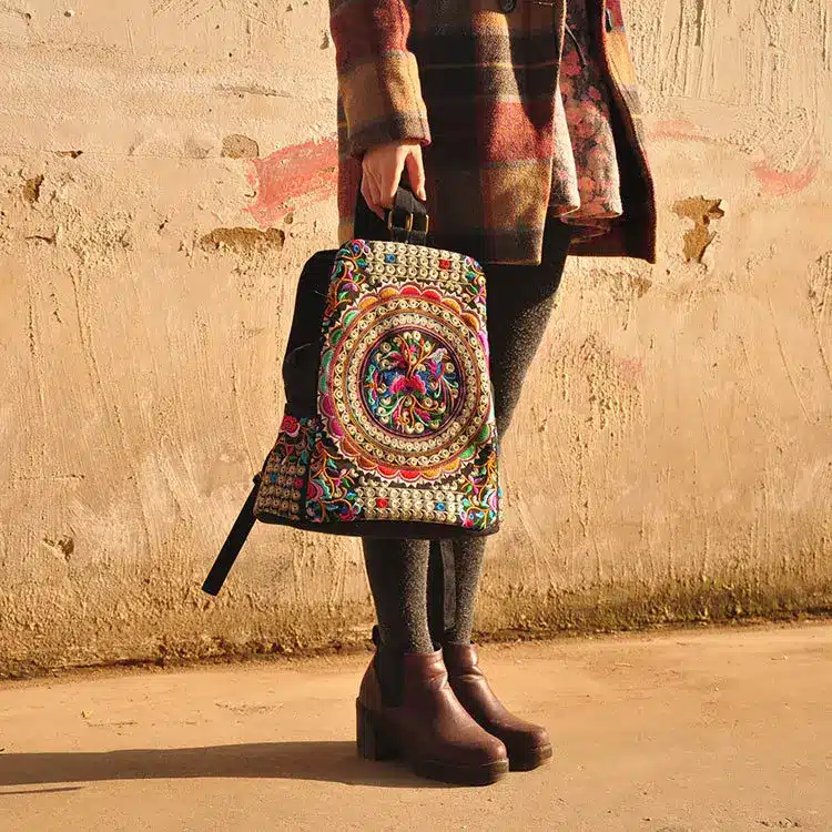 Vintage Embroidery Ethnic Canvas Backpack Women Handmade Flower Embroidered Travel Bags Schoolbag Backpacks Rucksack Mochila 8