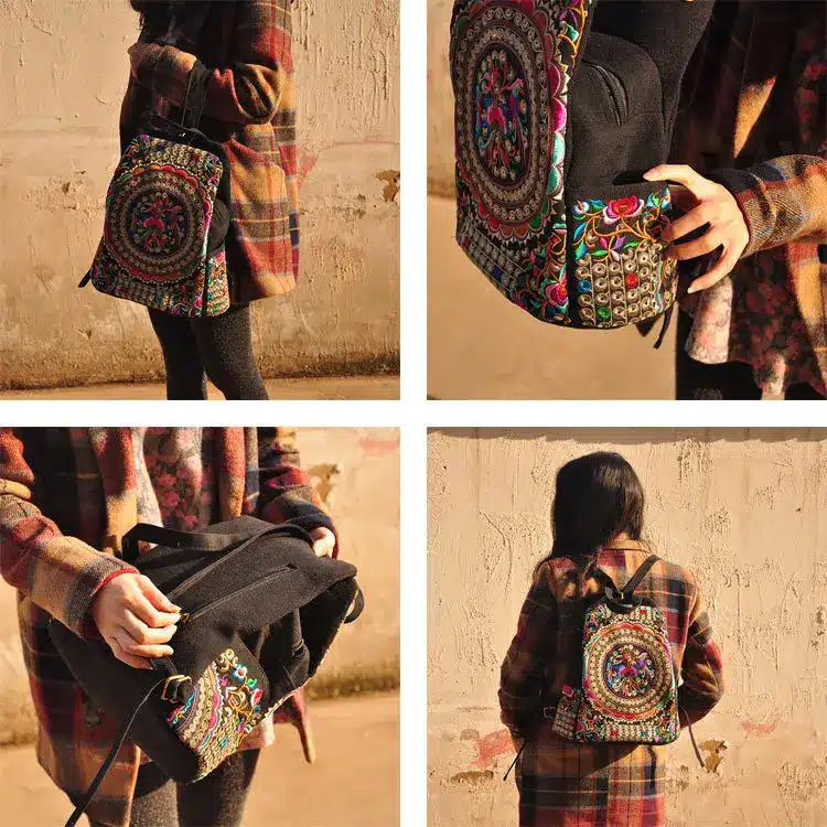 Vintage Embroidery Ethnic Canvas Backpack Women Handmade Flower Embroidered Travel Bags Schoolbag Backpacks Rucksack Mochila 9