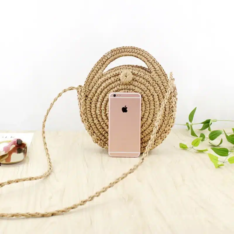 REREKAXI Handmade Rattan Woven Round Lady's Handbag Straw Knit Summer Beach Bag Woman Shoulder Messenger Bag Khaki Beige Tote 12