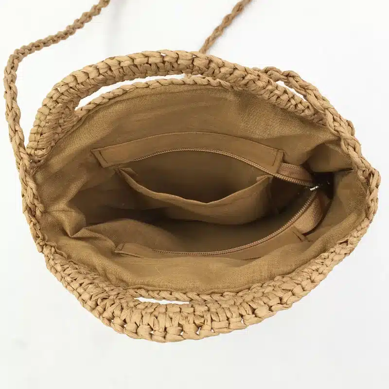 REREKAXI Handmade Rattan Woven Round Lady's Handbag Straw Knit Summer Beach Bag Woman Shoulder Messenger Bag Khaki Beige Tote 18