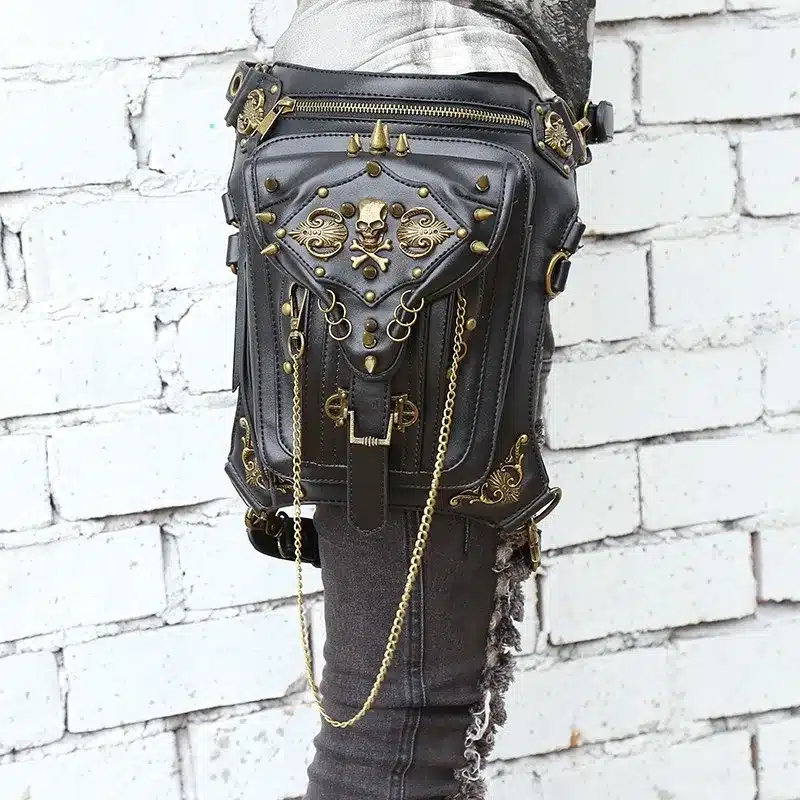 Fashion Gothic Steampunk Skull Retro Rock Bag Men Women Waist Bag Shoulder Bag Phone Case Holder Vintage Leather Messenger Bag 9