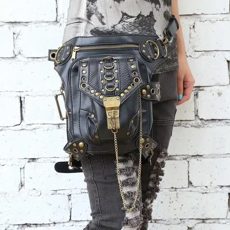 Fashion Gothic Steampunk Skull Retro Rock Bag Men Women Waist Bag Shoulder Bag Phone Case Holder Vintage Leather Messenger Bag 10