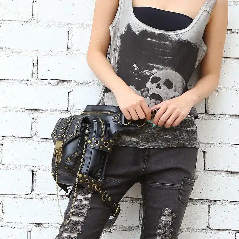 Fashion Gothic Steampunk Skull Retro Rock Bag Men Women Waist Bag Shoulder Bag Phone Case Holder Vintage Leather Messenger Bag 11