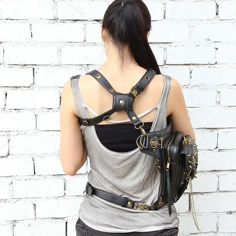 Fashion Gothic Steampunk Skull Retro Rock Bag Men Women Waist Bag Shoulder Bag Phone Case Holder Vintage Leather Messenger Bag 15