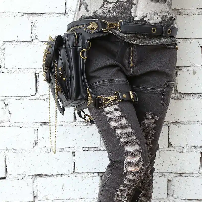 Fashion Gothic Steampunk Skull Retro Rock Bag Men Women Waist Bag Shoulder Bag Phone Case Holder Vintage Leather Messenger Bag 16