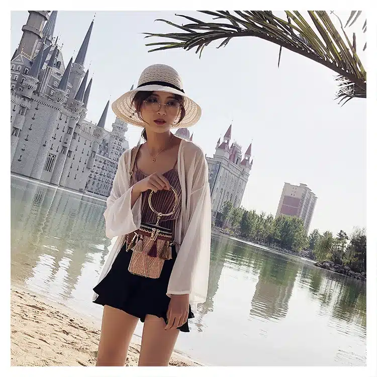 2018 Summer Fashion New Handbag High quality Straw bag Women bag Round Tote bag Hand Metal Ring Tassel Chain Shoulder Travel bag 15