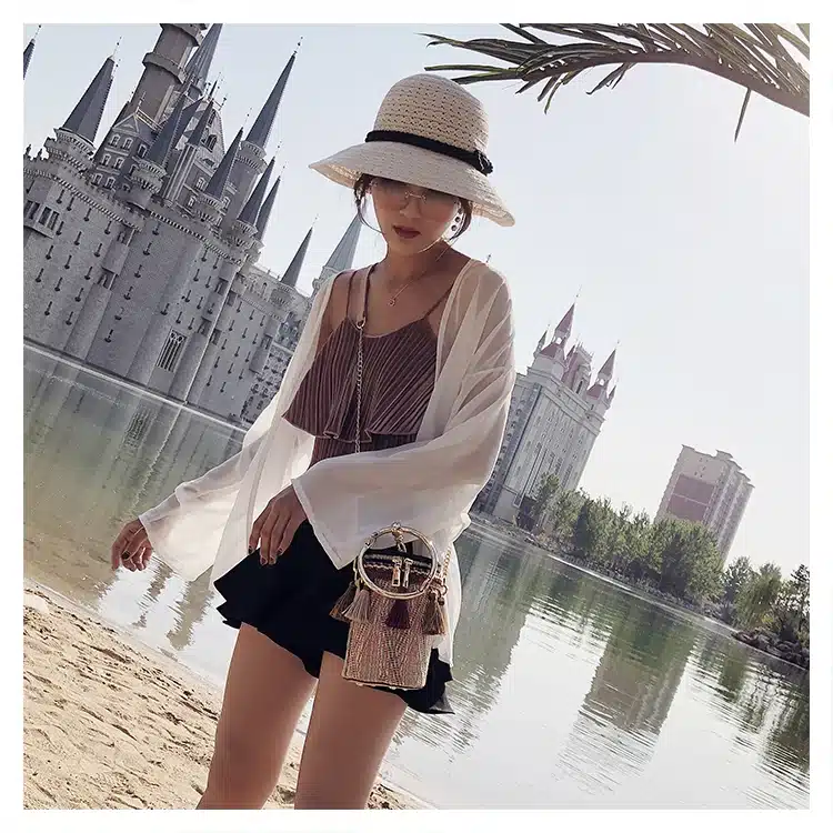 2018 Summer Fashion New Handbag High quality Straw bag Women bag Round Tote bag Hand Metal Ring Tassel Chain Shoulder Travel bag 16