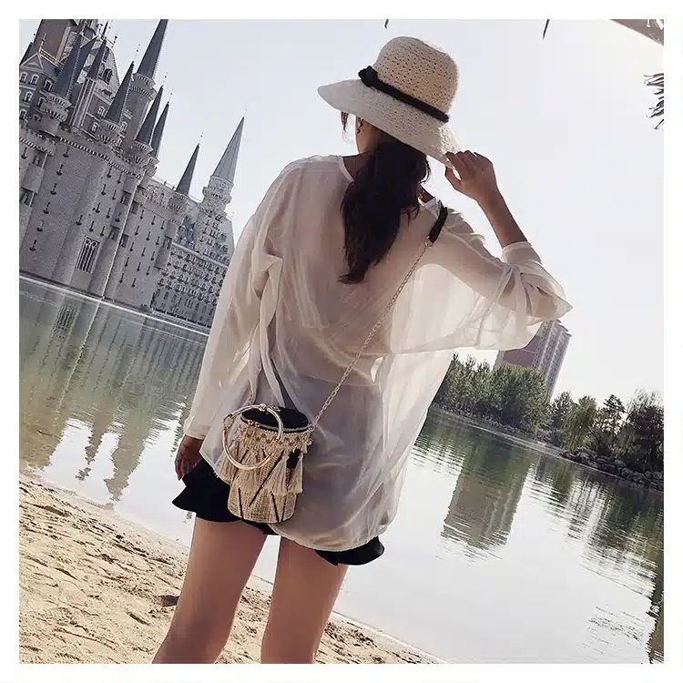 2018 Summer Fashion New Handbag High quality Straw bag Women bag Round Tote bag Hand Metal Ring Tassel Chain Shoulder Travel bag 19