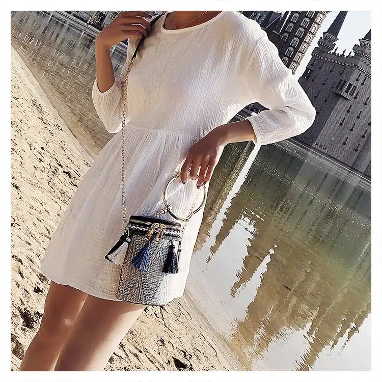 2018 Summer Fashion New Handbag High quality Straw bag Women bag Round Tote bag Hand Metal Ring Tassel Chain Shoulder Travel bag 25
