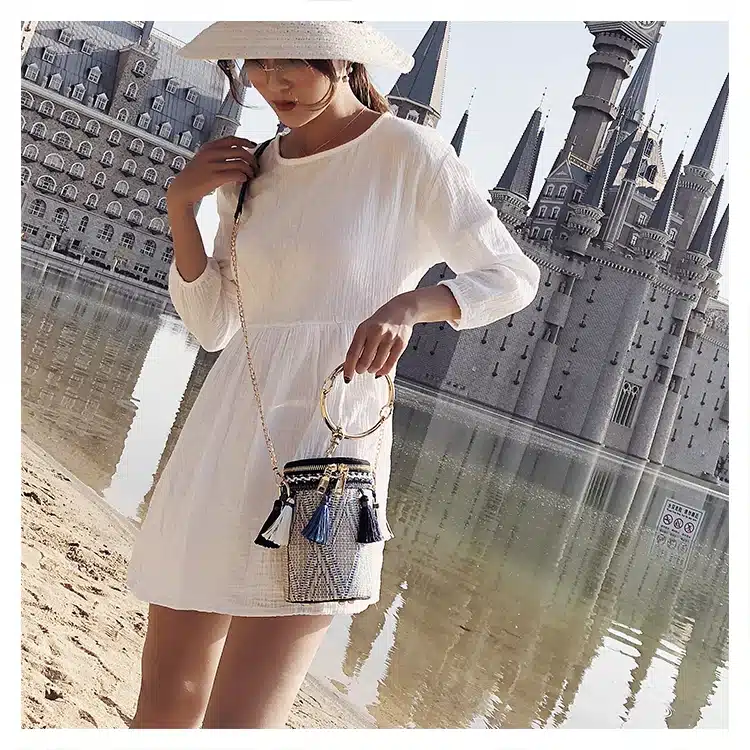 2018 Summer Fashion New Handbag High quality Straw bag Women bag Round Tote bag Hand Metal Ring Tassel Chain Shoulder Travel bag 26
