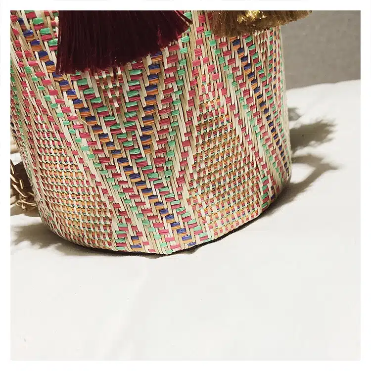2018 Summer Fashion New Handbag High quality Straw bag Women bag Round Tote bag Hand Metal Ring Tassel Chain Shoulder Travel bag 38