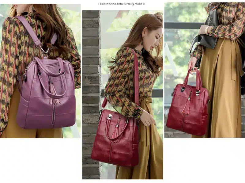 Women Multifunction Backpack Leather Tassel Shoulder Bag Large Capacity Backbag Female Zipper School Bag Girl Travel Bag Mochila 5