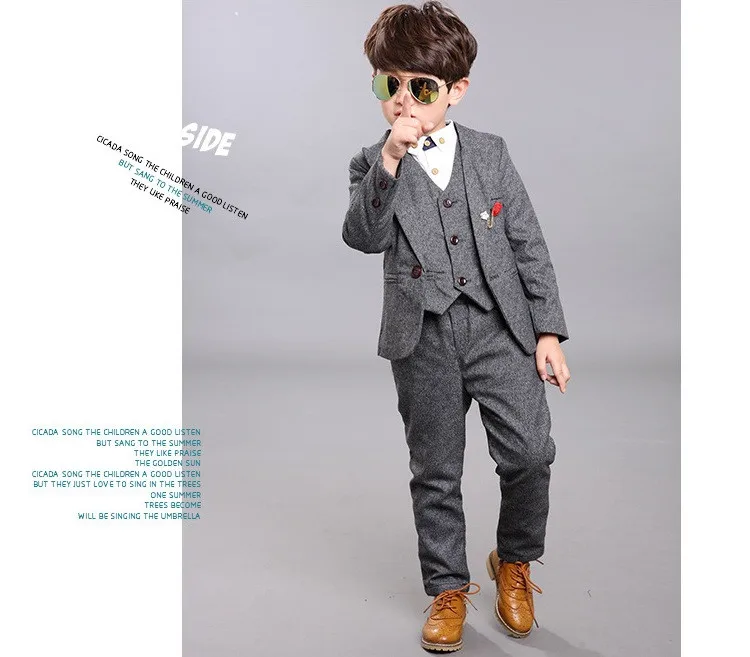 ActhInK New Design 3Pcs Boys Solid Wedding Suit Brand Gentle Kids Blue Grey Waistcoat Suit Boys Spring Formal Brooch Blazer Suit 14
