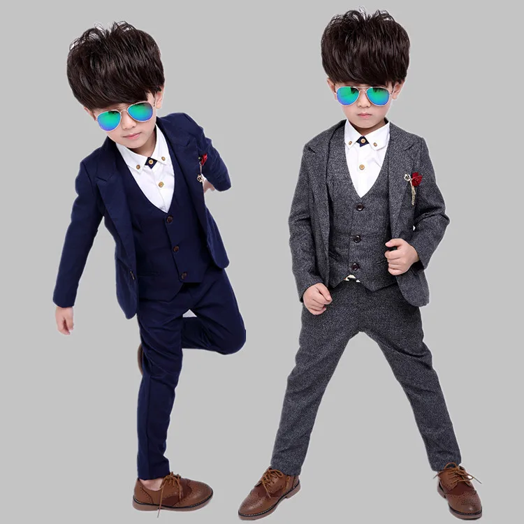 ActhInK New Design 3Pcs Boys Solid Wedding Suit Brand Gentle Kids Blue Grey Waistcoat Suit Boys Spring Formal Brooch Blazer Suit 15