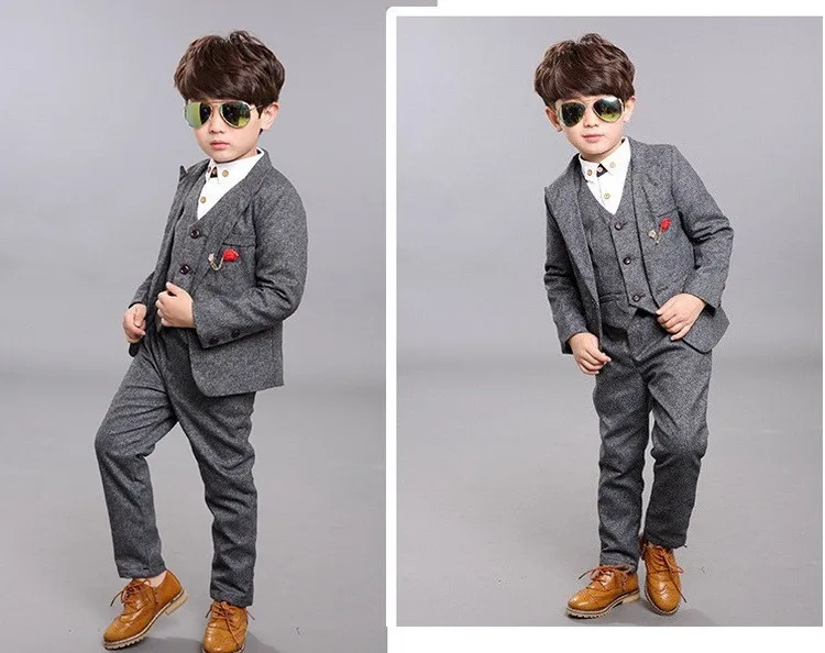ActhInK New Design 3Pcs Boys Solid Wedding Suit Brand Gentle Kids Blue Grey Waistcoat Suit Boys Spring Formal Brooch Blazer Suit 16