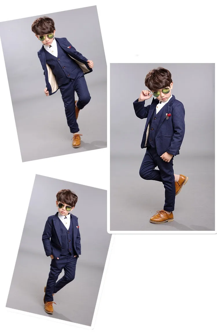 ActhInK New Design 3Pcs Boys Solid Wedding Suit Brand Gentle Kids Blue Grey Waistcoat Suit Boys Spring Formal Brooch Blazer Suit 17