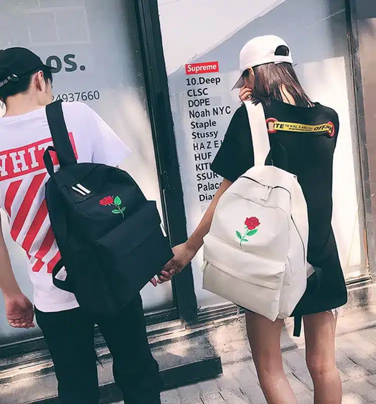 MSMO Finger Heart Backpack Cute Women Men Canvas Rose Embroidery Backpacks for Teenagers Women's Travel Bags Rucksack School Bag 16