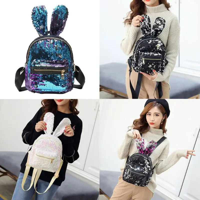 Bling Sequins Backpack Cute Rabbit Ears Double Shoulder Bag Women Mini Backpack Children Girl Rucksack Travel Bag Mochila Femina 11