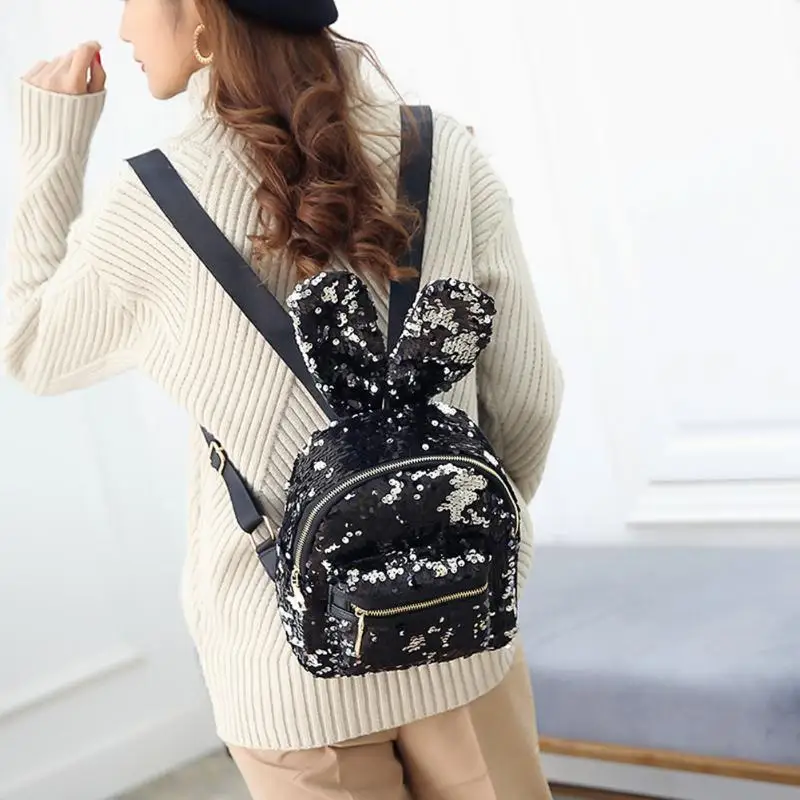 Bling Sequins Backpack Cute Rabbit Ears Double Shoulder Bag Women Mini Backpack Children Girl Rucksack Travel Bag Mochila Femina 14