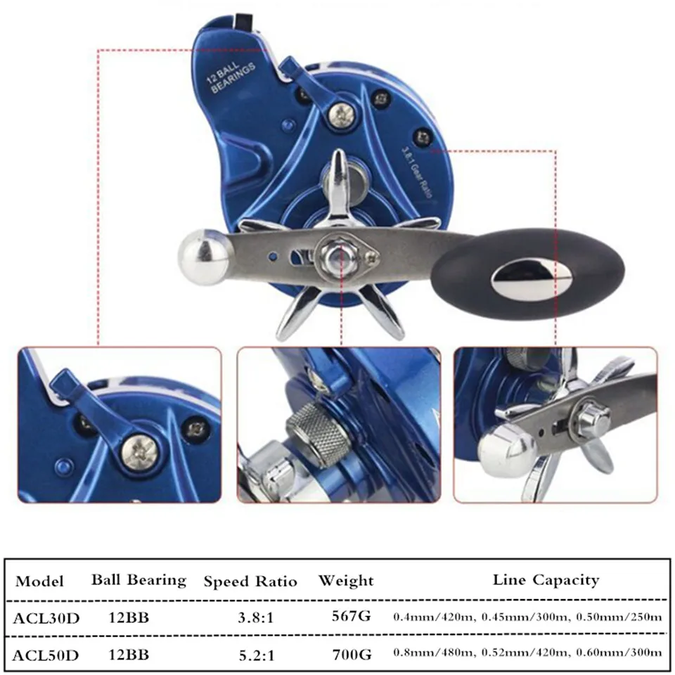 18 New YUMOSHI ACL30 ACL50 Trolling Fishing Reel 12+1BB 3.8:1 5.2:1 Casting Sea Fishing Reel Saltwater Baitcasting Reel Coil 5