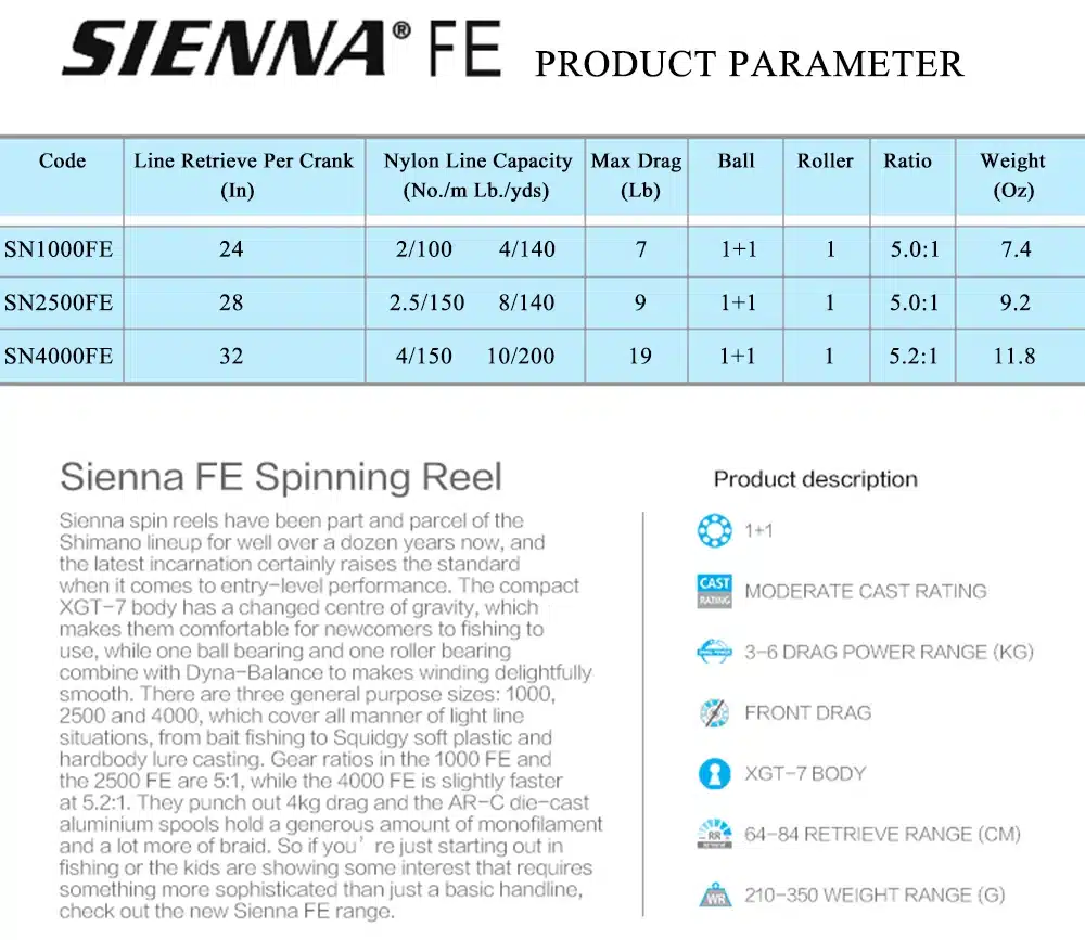 SHIMANO SIENNA 1000FE/2500FE/4000FE Spinning Fishing Reel 1+1BB with Aluminum Spool M-Compact Body Spinning Fishing Reel 13