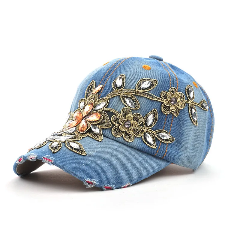 COKK Women's Baseball Cap Diamond Painting Embroidery Flower Denim Snapback Hats Jeans Woman Female Cap Cowboy Summer Sun Hat 14