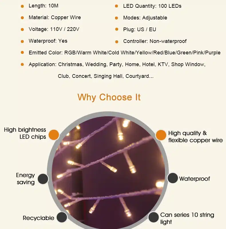 LED String 10M Waterproof 110V 220V 100 LED Fairy Light 9 Colors Christmas Gerlyanda Outdoor Garden Decoration Garland Halloween 19