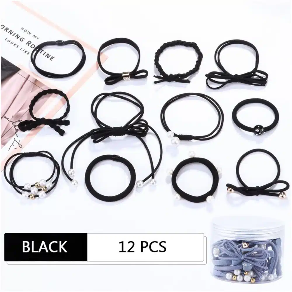 12Pcs/Set Women Solid Elastic Hairbands with Pearl Rubber Suits Stretch Hair Ropes For Girls Ponytail Holder Hair Accessories 9