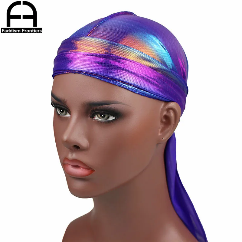 Men's Colorful Sparkly Durags Turban Bandanas Men Shiny Silky Durag Headwear Headband Hair Cover Accessories Wave Caps Rags Hat 15