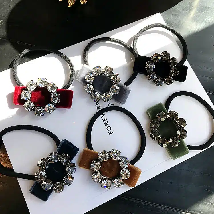 Korean Japanese New Simple Rhinestone Gold Velvet Bow Tie Elastic Hair Bands Girl Women Fashion Headdress Hair Accessories 10