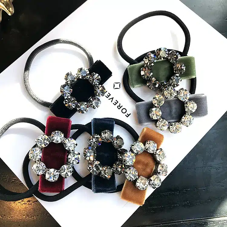 Korean Japanese New Simple Rhinestone Gold Velvet Bow Tie Elastic Hair Bands Girl Women Fashion Headdress Hair Accessories 11