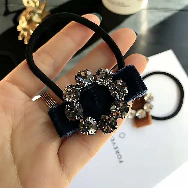 Korean Japanese New Simple Rhinestone Gold Velvet Bow Tie Elastic Hair Bands Girl Women Fashion Headdress Hair Accessories 16