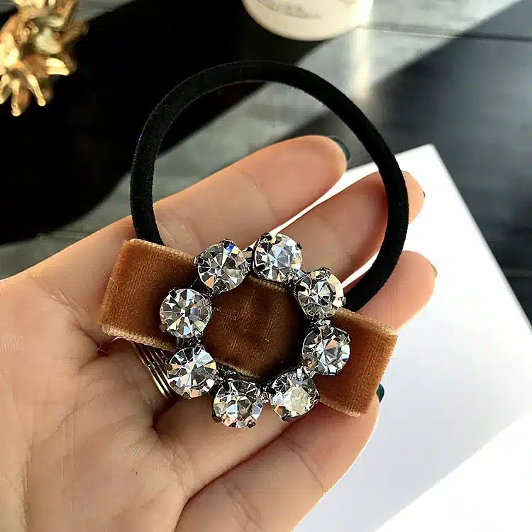 Korean Japanese New Simple Rhinestone Gold Velvet Bow Tie Elastic Hair Bands Girl Women Fashion Headdress Hair Accessories 17
