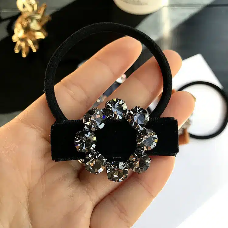 Korean Japanese New Simple Rhinestone Gold Velvet Bow Tie Elastic Hair Bands Girl Women Fashion Headdress Hair Accessories 18