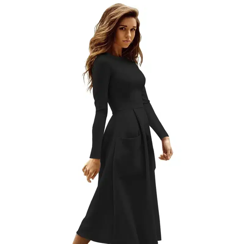 Liva Girl Winter Autumn Women Casual Long Dresses Skater Dress Female Long Sleeve White Sexy Midi Dress Office Pleated Dress 9