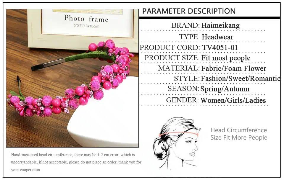 Haimeikang Fashion DIY Glass Beads Rose Flowers Crown Wreath Wedding Party Bridal Bezel Hair Accessories For Women Headdress 12