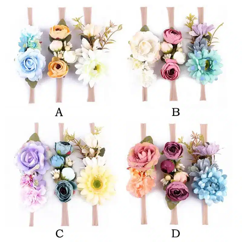 3 Pcs/Set Newborn Flower Headband Nylon Faux Flower Party Flowers Hair Bands Newborn Headwear Photography Props Hair Accessories 22