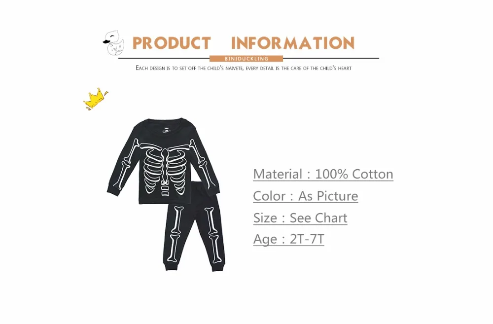 BINIDUCKLING Autumn Baby Boys Sleepwear Pajama Sets Luminous Skull Printed t-shirt+pants 2pcs Baby Children's Clothing Sets 3