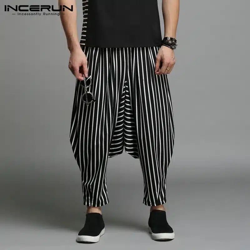 INCERUN Japan Style S-5XL Cross-pants Men Irregular Striped Patchwork Harem Pants Men's Trousers Big Male Drop Crotch Plus Dance 8