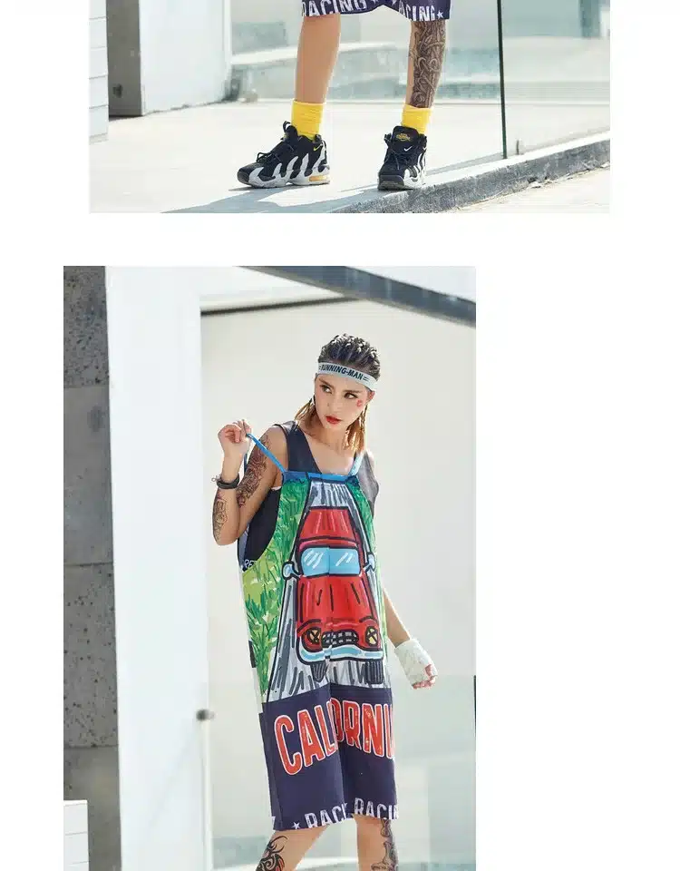 Pre-Sale 2018 Women Jumpsuits Overalls Off The Shoulder Strap Suspender Pants RACING Printed Hip Hop Dance Rompers Streetwear 11