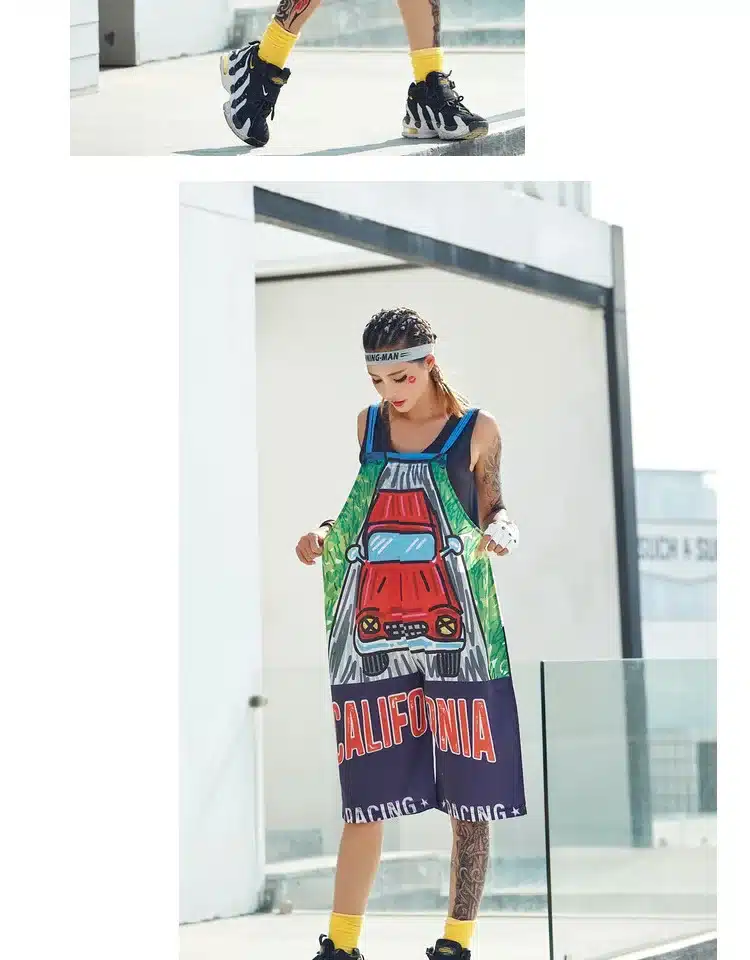 Pre-Sale 2018 Women Jumpsuits Overalls Off The Shoulder Strap Suspender Pants RACING Printed Hip Hop Dance Rompers Streetwear 12
